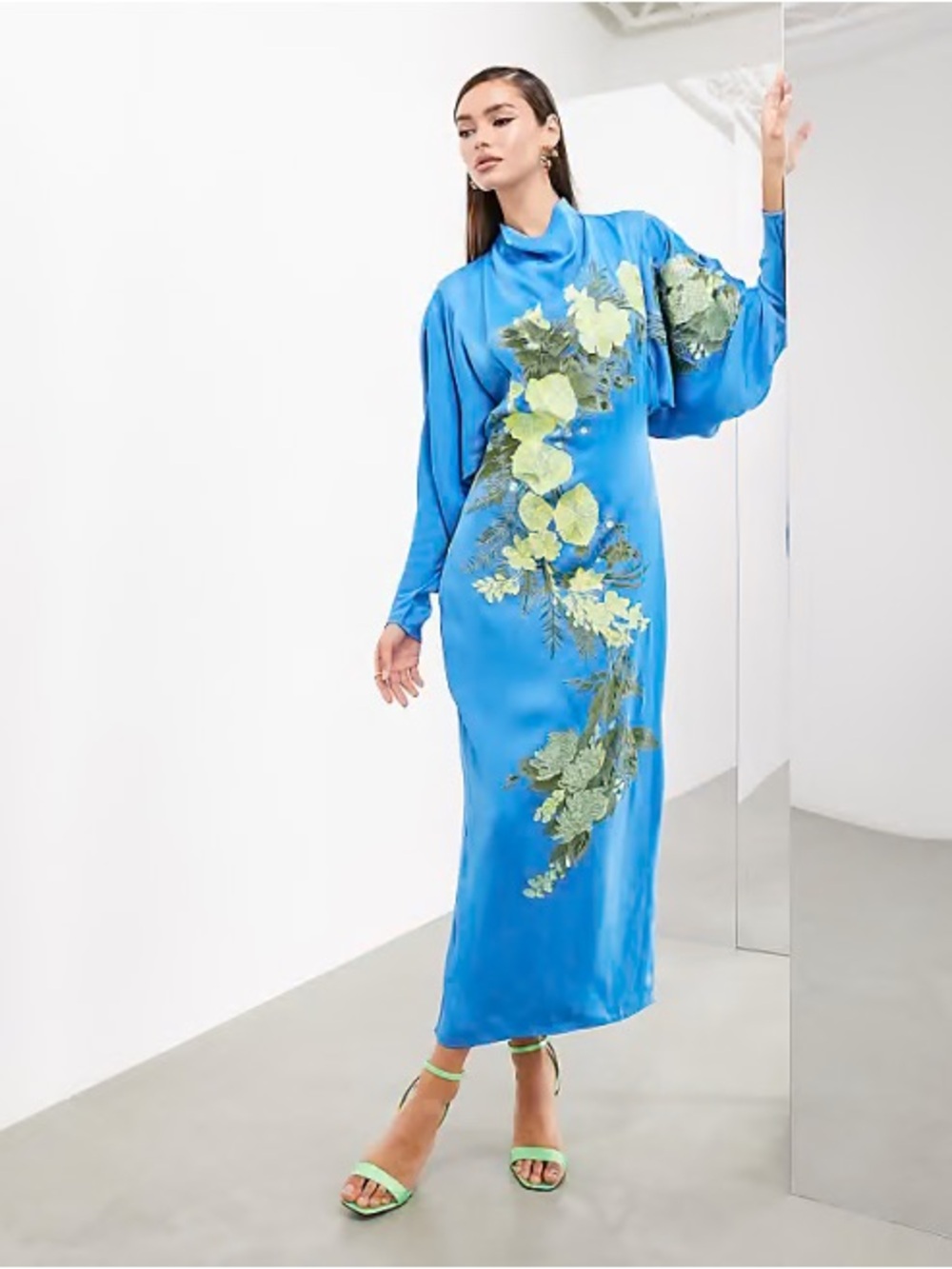 ASOS Blue Satin Maxi Dress with Green Floral embroidery